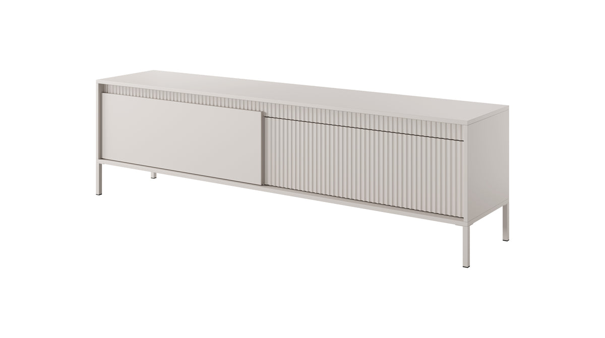 Sals long TV cabinet, light beige with left sliding drawer and ribbed right door
