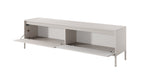 Sals long TV cabinet, light beige open with two shelves and ribbed front door panels