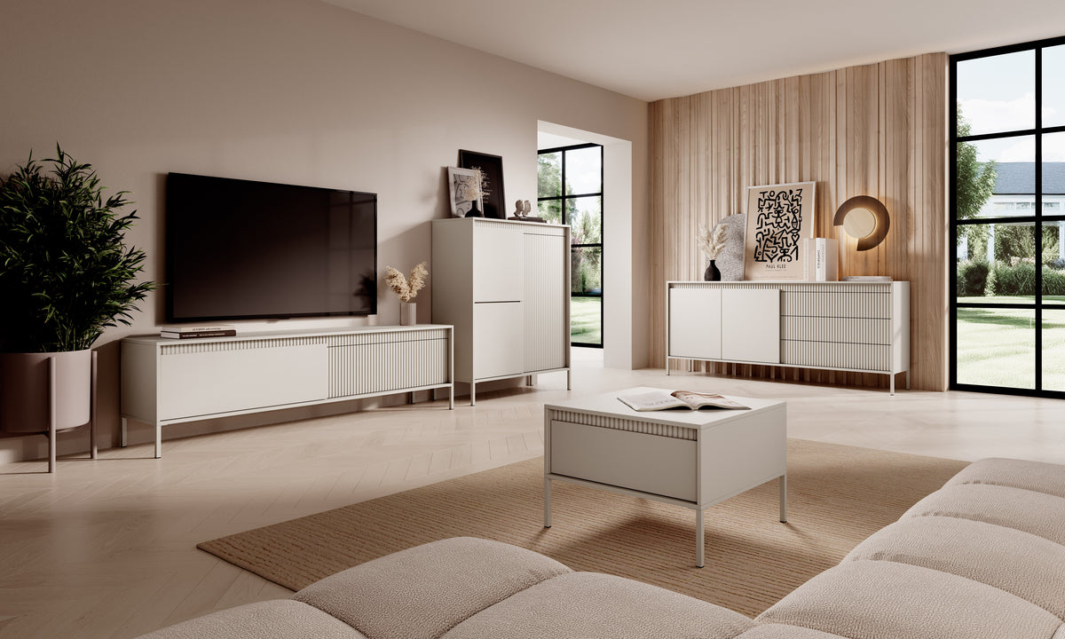 Beige sideboard with 2 doors and 3 drawer fronts, ribbed panel design