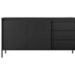 Black sideboard with two doors, ribbed right panel, and three drawers on legs.