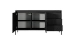 Black sideboard with doors open showing shelves and three drawers; ribbed right panel.