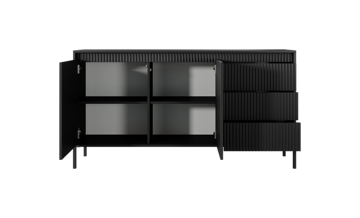 Black sideboard with doors open showing shelves and three drawers; ribbed right panel.
