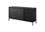 Black sideboard with two doors and ribbed drawer fronts, long top, slim legs.