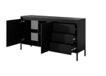Black sideboard with open doors revealing shelves and drawers, ribbed fronts.