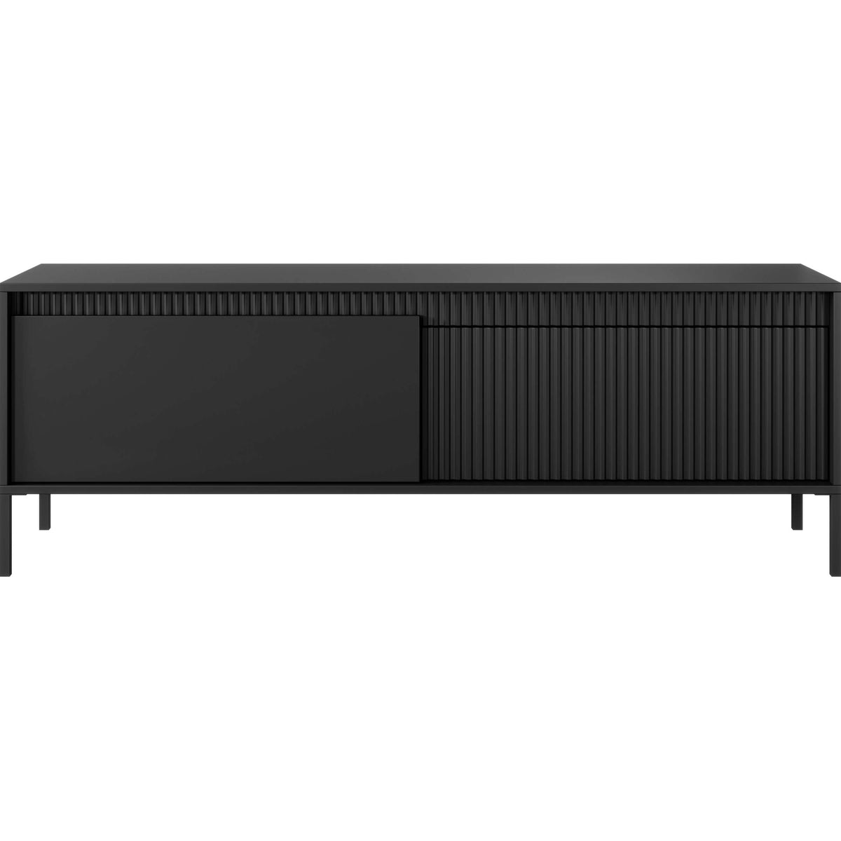 Black TV cabinet with one drawer and ribbed side panel doors, short height.
