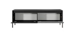Black TV cabinet with open shelf compartments and sliding door fronts, short height.