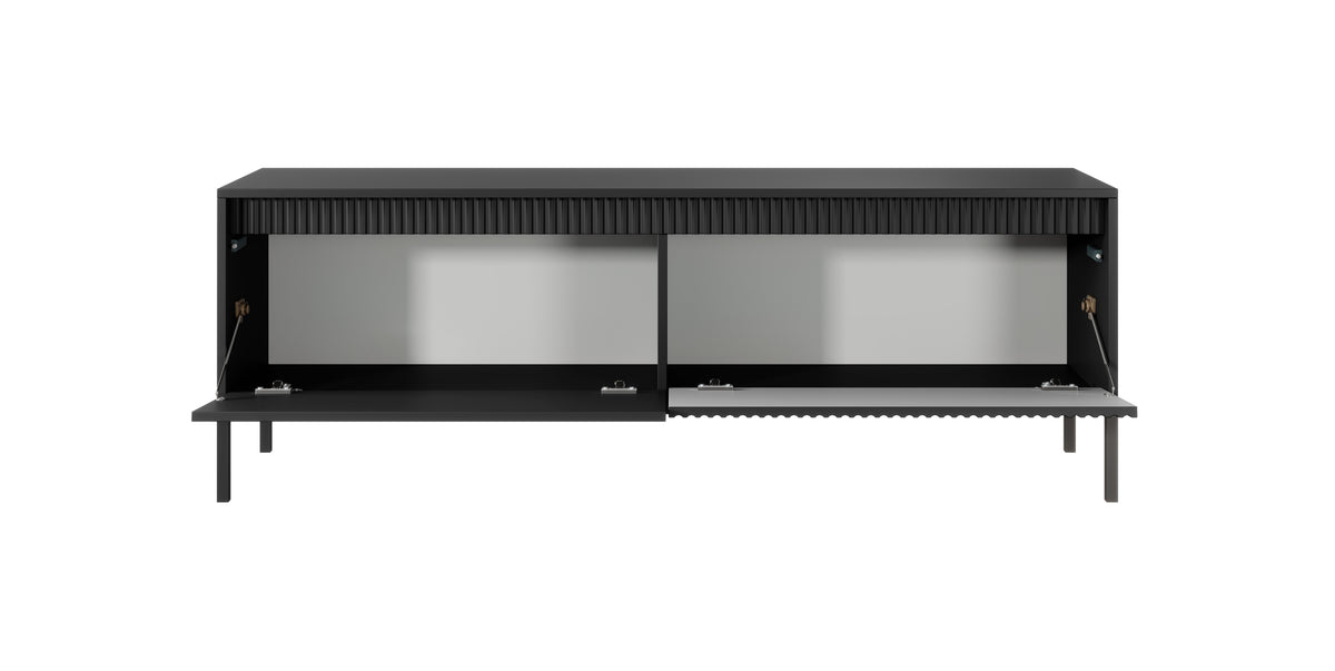 Black TV cabinet with open shelf compartments and sliding door fronts, short height.