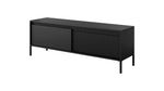 Black TV cabinet with two doors and ribbed front panel, supported by slim legs.