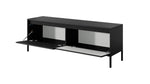 Black TV cabinet with open compartments and drawer, ribbed side doors and legs.