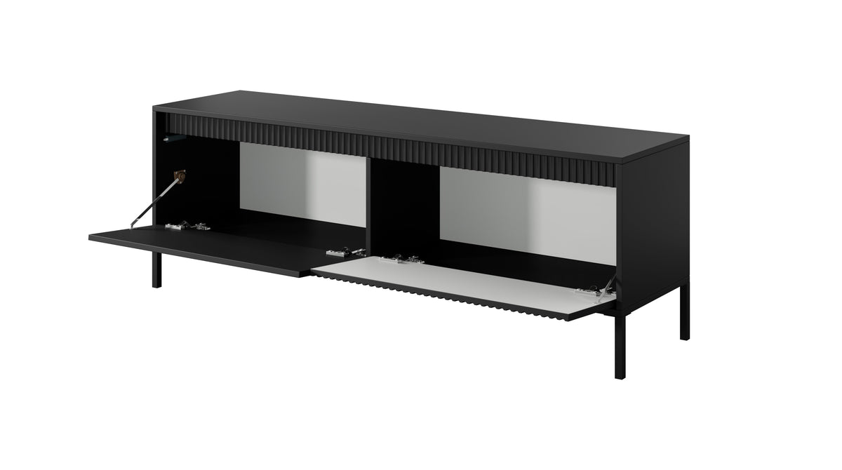 Black TV cabinet with open compartments and drawer, ribbed side doors and legs.