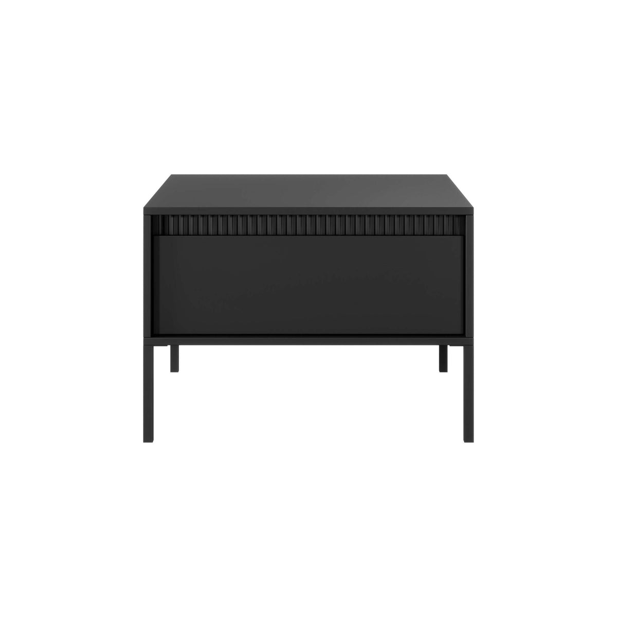 Black rectangular coffee table with ribbed panel top and single drawer