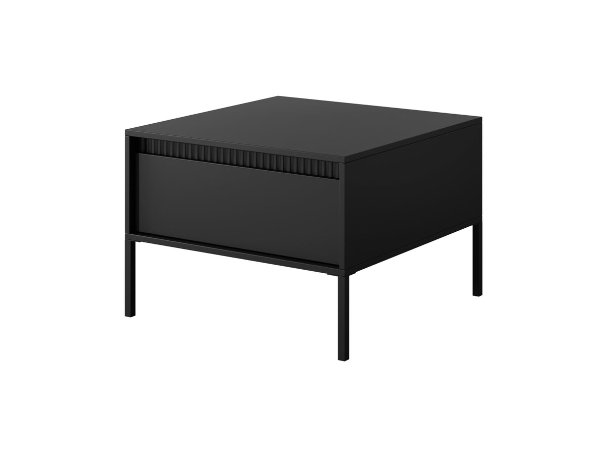 Black rectangular coffee table with ribbed top panel and closed drawer