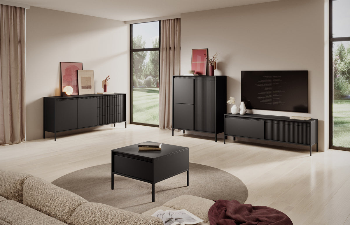 Beige TV cabinet with open shelves and sliding fronts, ribbed detailing and slim legs.