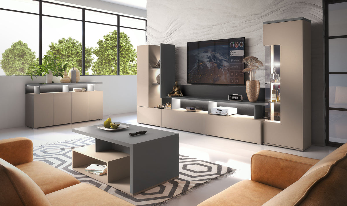 Modern display cabinet with open shelves and lit compartments, beige frame and dark interior.