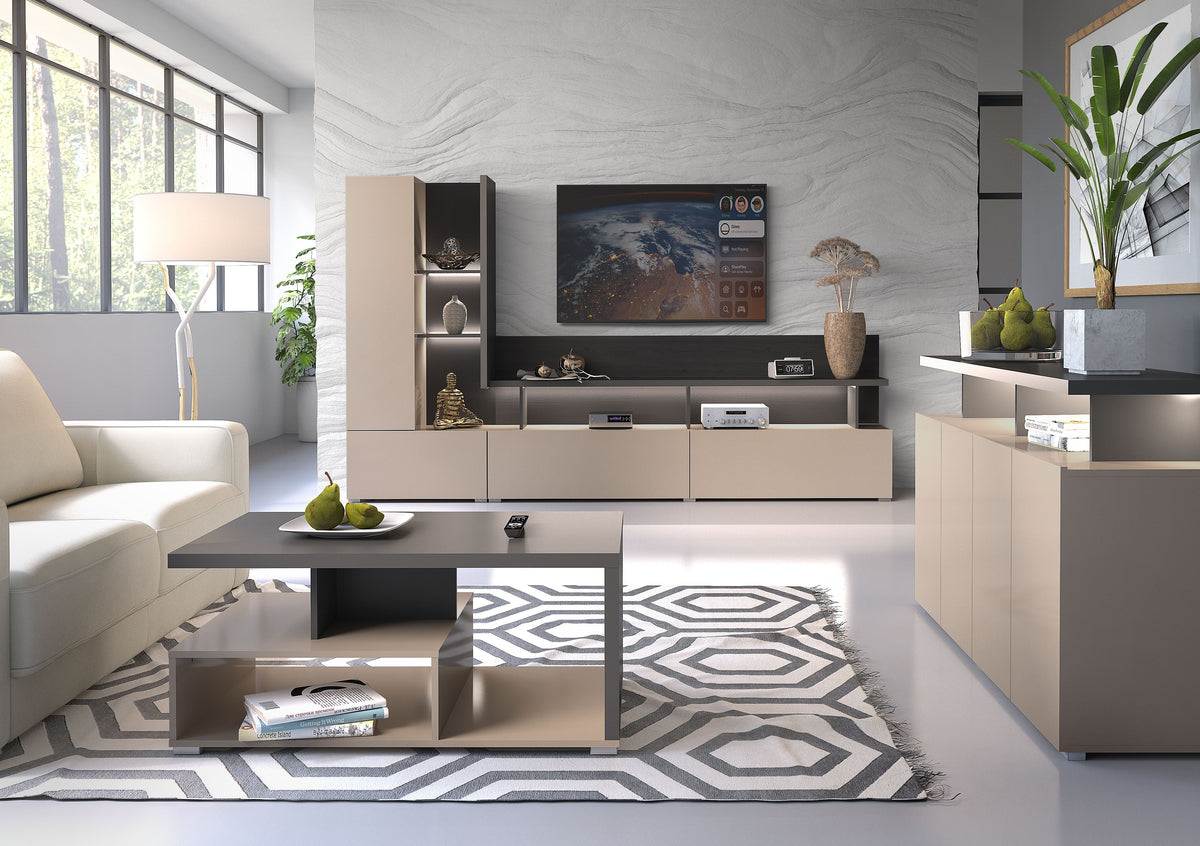 Rectangular coffee table with dark top and open cubby shelves in a living room setting
