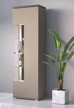 Modern display cabinet with glass-front door and metal handle, beige finish.
