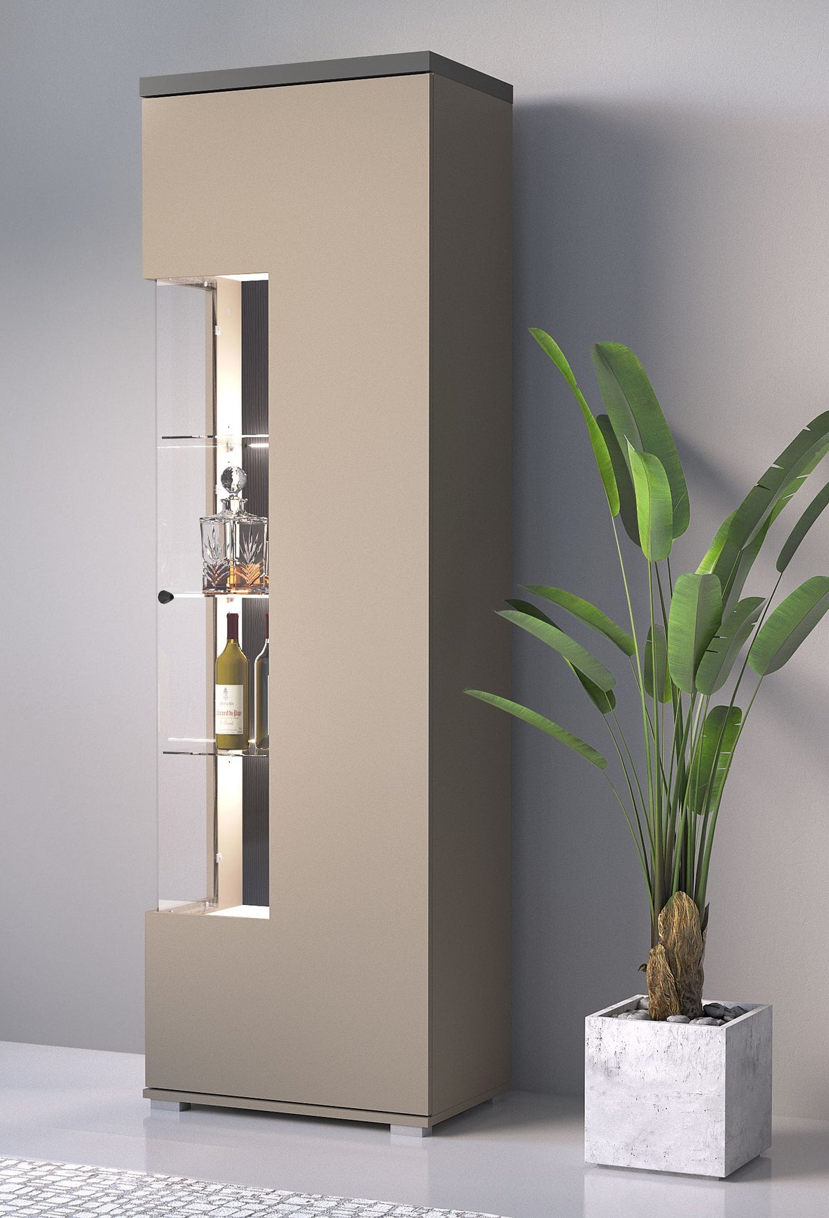 Modern display cabinet with glass-front door and metal handle, beige finish.