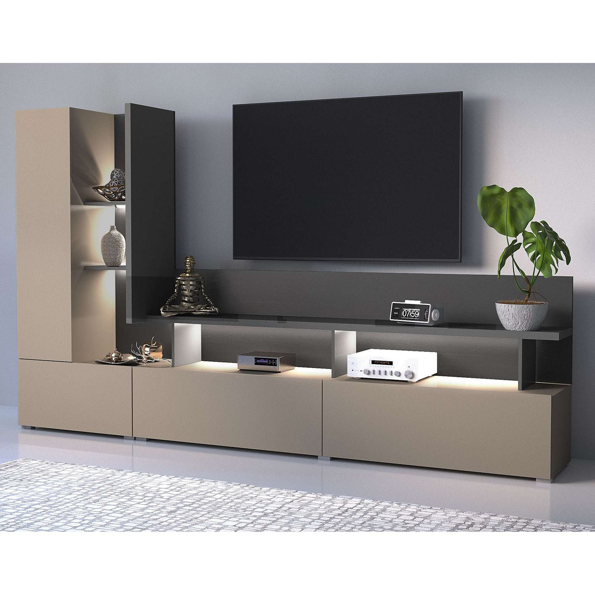 Moderno TV wall unit in light beige with dark shelves and cabinet doors, 270cm