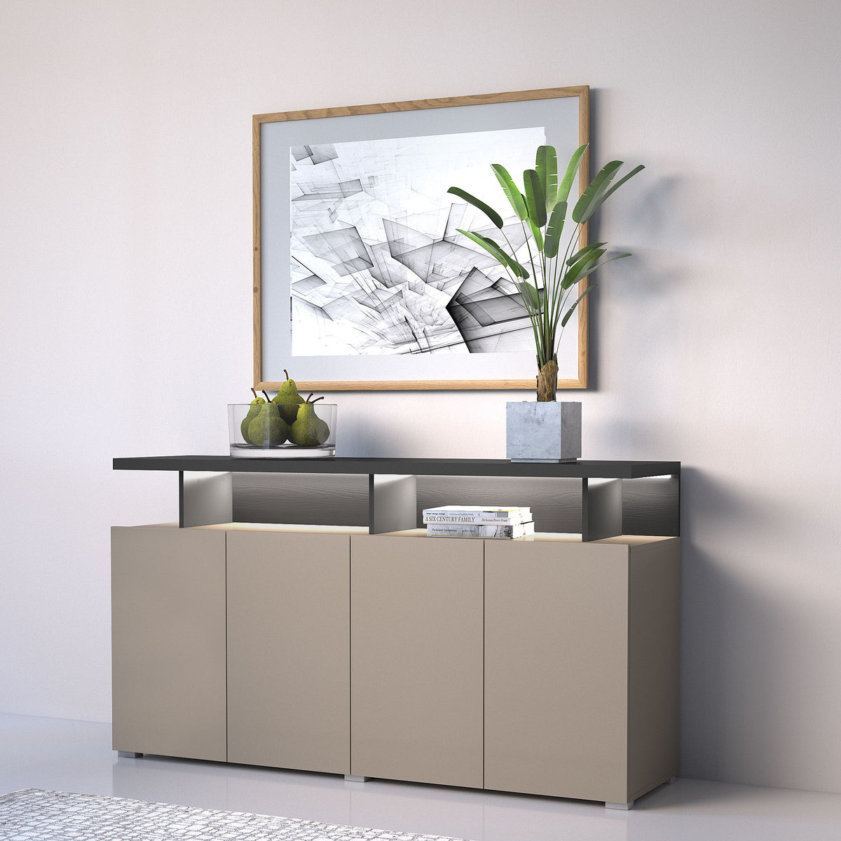 Modern sideboard cabinet with dark top, four doors, and open cubby storage