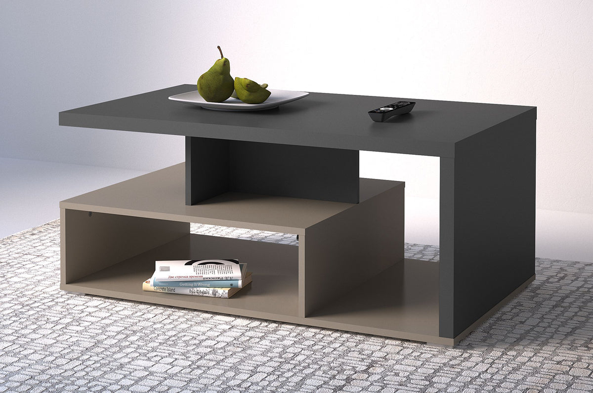 Dark gray and light beige rectangular coffee table with open shelves and center cubby