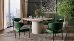 Extendable round dining table with dark tabletop and ribbed pedestal base