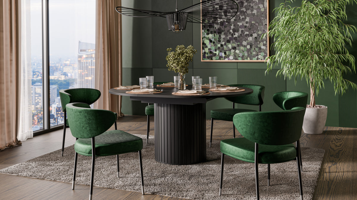 Extendable round dining table, dark top and ribbed pedestal base (120–160 cm)