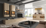 San Remo oak sideboard with black-framed panels and open cabinet sections