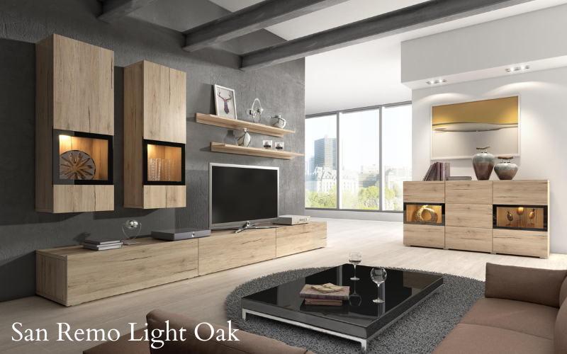 San Remo oak sideboard with black-framed panels and open cabinet sections