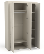 White wardrobe interior with hanging rail and multiple adjustable shelves behind doors