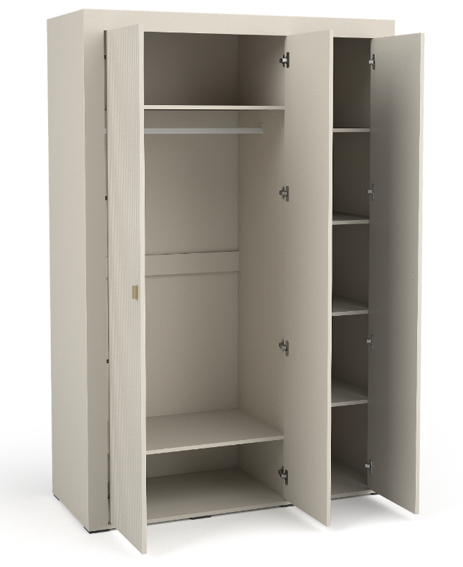 White wardrobe interior with hanging rail and multiple adjustable shelves behind doors