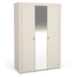 White three-door wardrobe with central mirror and two cabinet doors, metal handles