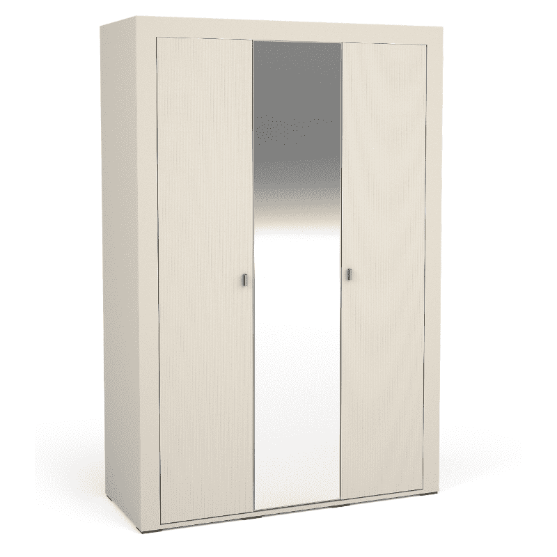 White three-door wardrobe with central mirror and two cabinet doors, metal handles