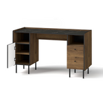Wood desk with left cabinet door, two right drawers, dark rectangular top