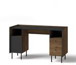 Wood desk with two drawer cabinets and open shelving, dark tabletop