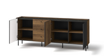Sideboard with doors open to reveal interior shelves and three drawer fronts, black legs