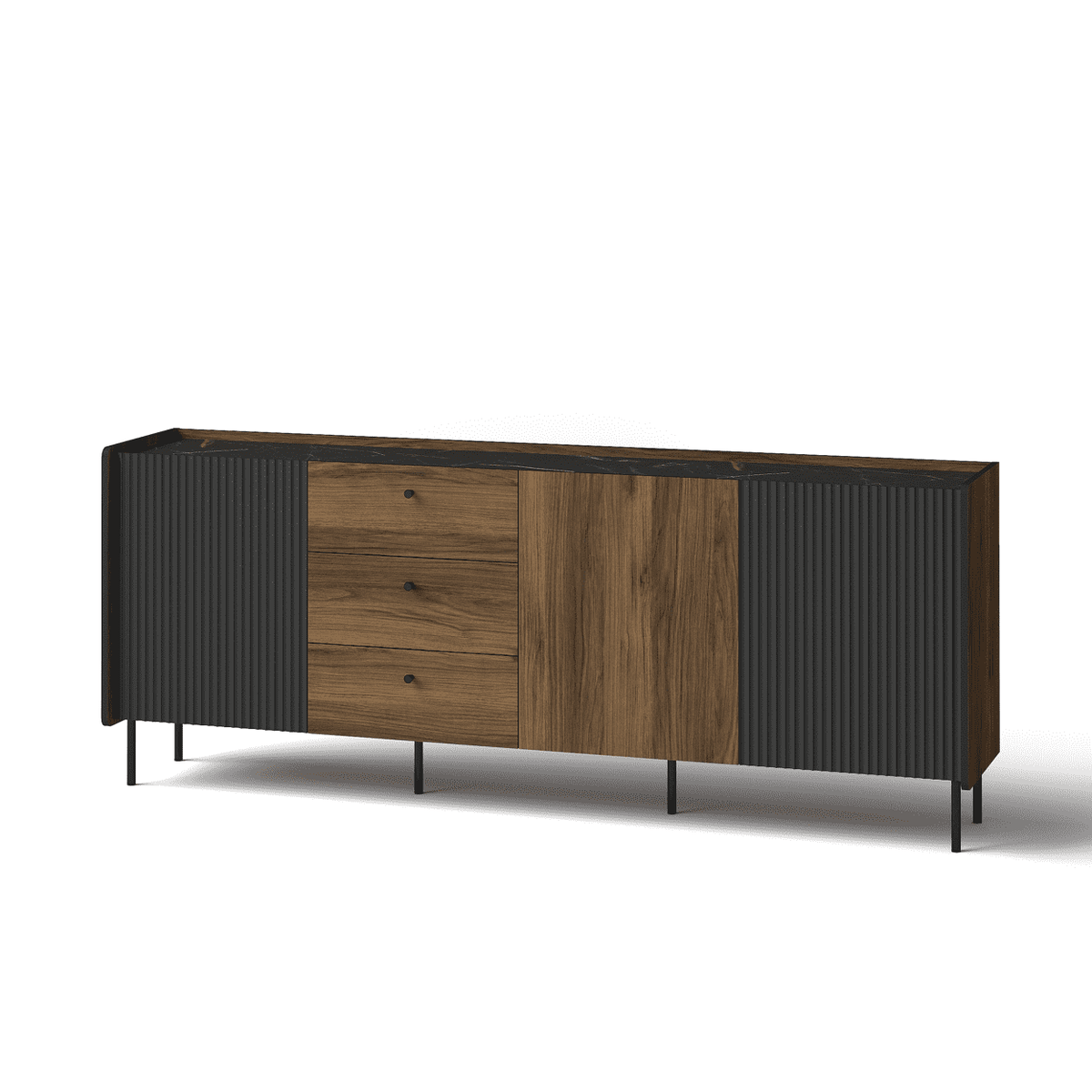 Walnut-effect sideboard with three drawers and ribbed dark cabinet doors, black legs