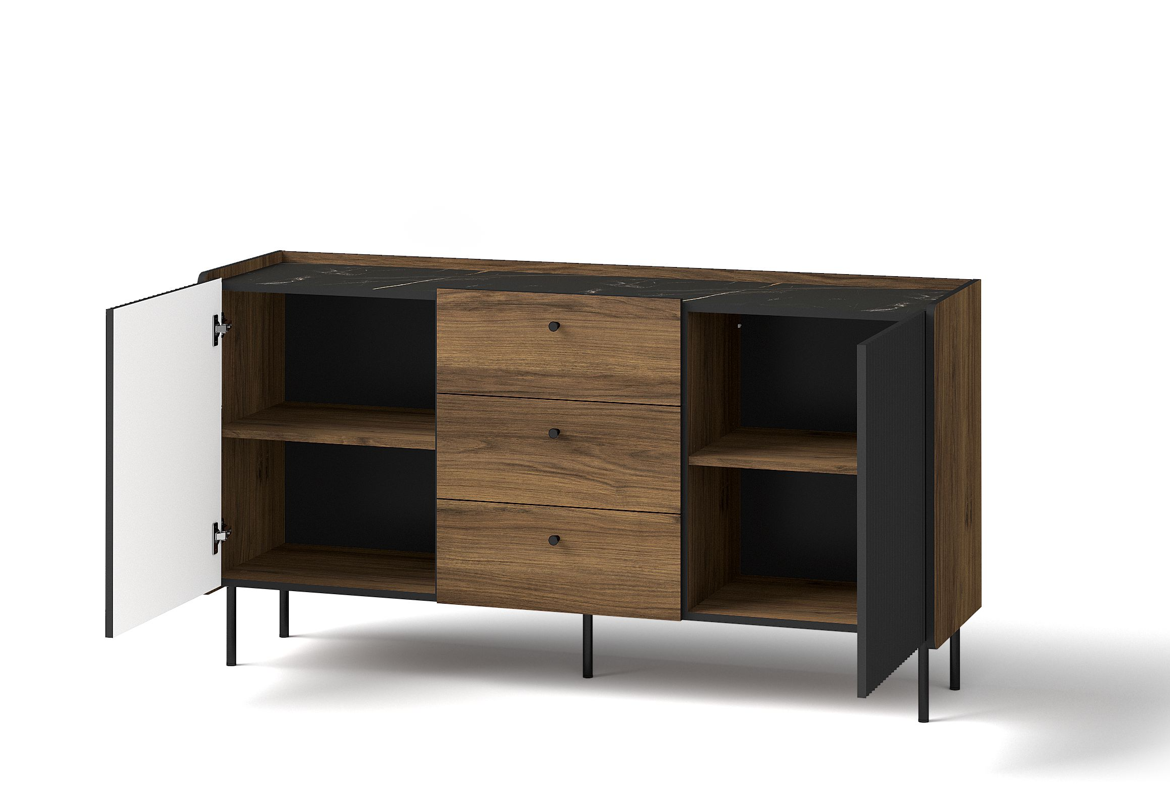 Sideboard with open doors showing 3 drawer center and two storage shelves, dark metal legs.