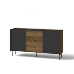 Wood and black ribbed sideboard with 3 drawers, long top, and angled metal legs.
