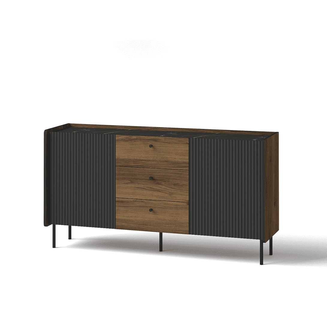 Wood and black ribbed sideboard with 3 drawers, long top, and angled metal legs.