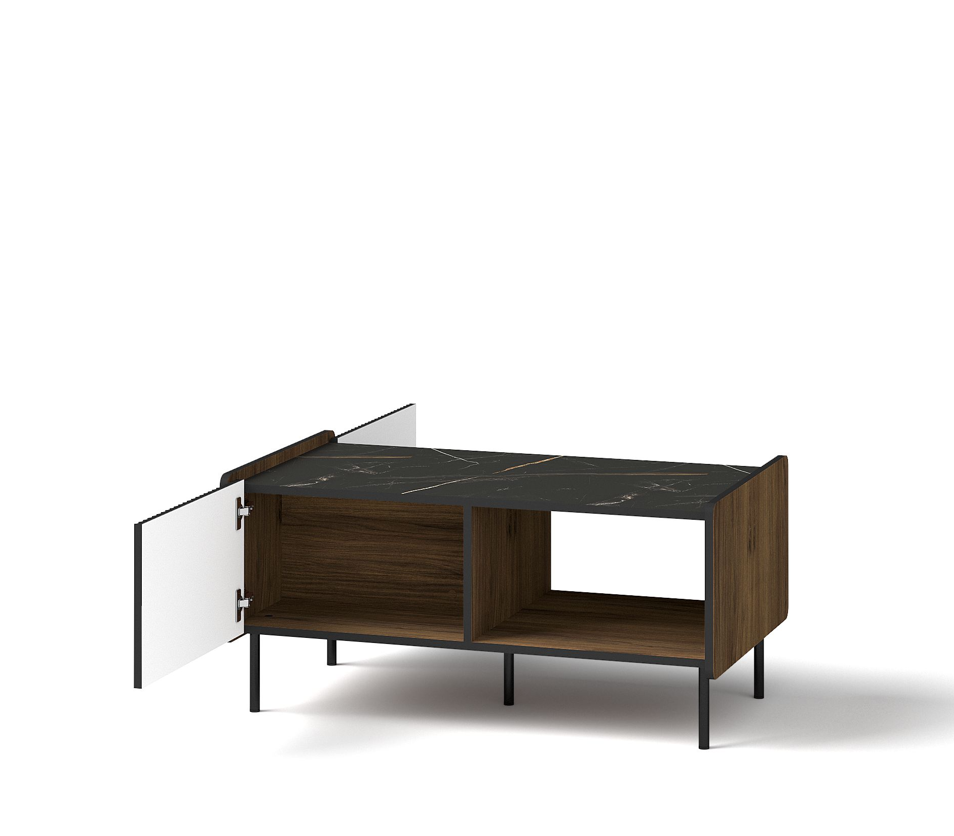 Rectangular coffee table with dark veined tabletop and open lower shelf; wood sides.