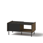 Coffee table with dark veined stone-look top, ribbed black panels, and wood end panels.
