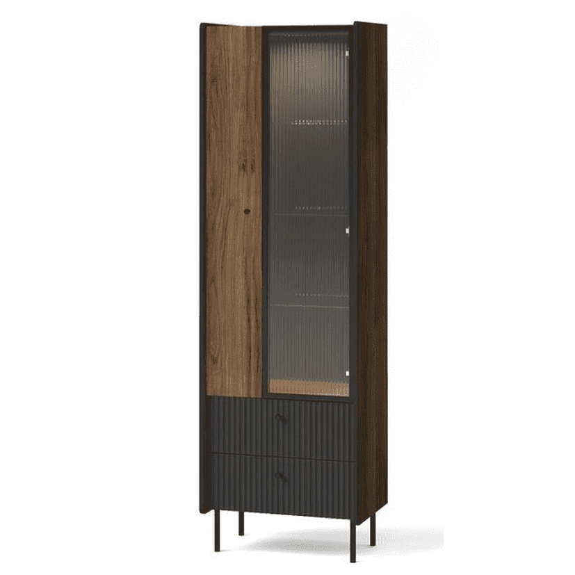 Wood display cabinet with glass door and dark base, vertical handles and slim legs.