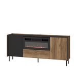 Ribbed dark cabinet doors with wood front, built-in electric fireplace, black legs