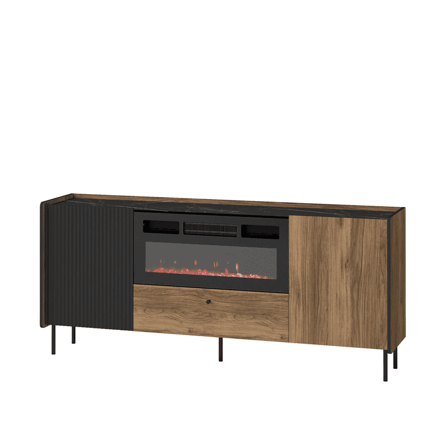 Ribbed dark cabinet doors with wood front, built-in electric fireplace, black legs