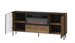 Sideboard with built-in electric fireplace insert, open cabinets, black legs