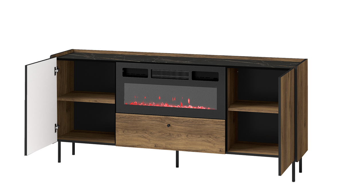 Sideboard with built-in electric fireplace insert, open cabinets, black legs