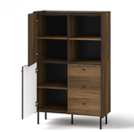 Wood highboard cabinet with open shelves, three drawers, and left hinged door