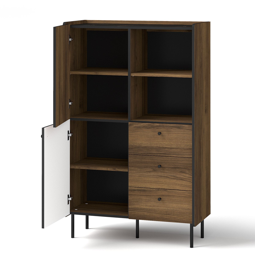 Wood highboard cabinet with open shelves, three drawers, and left hinged door