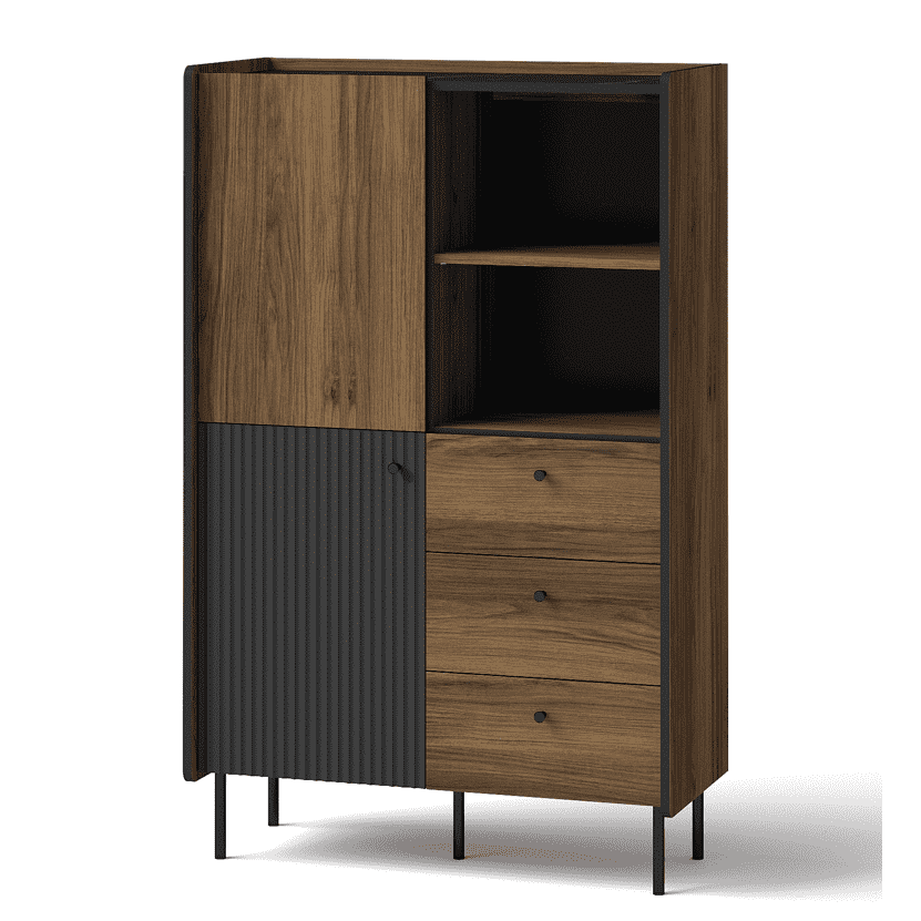 Wood highboard cabinet with two open shelves and three drawer fronts, dark legs