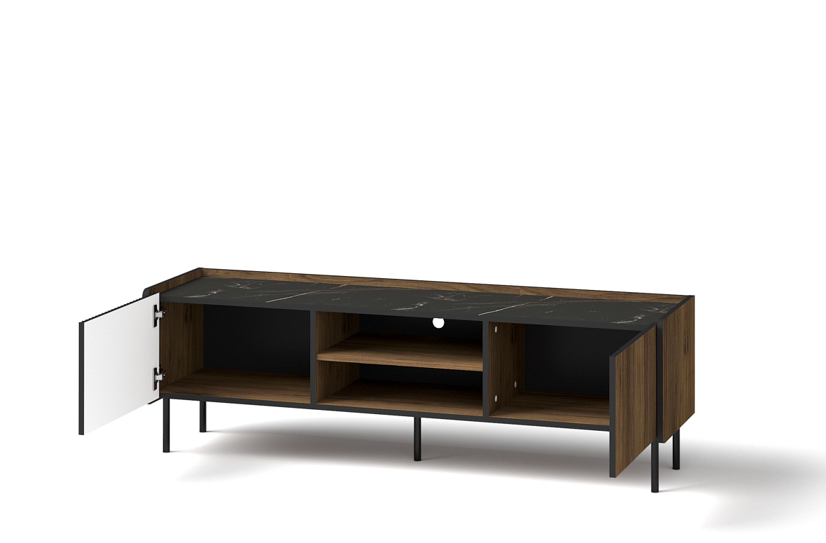 Short TV cabinet with open side panel, open shelves, ribbed black sides, wood doors